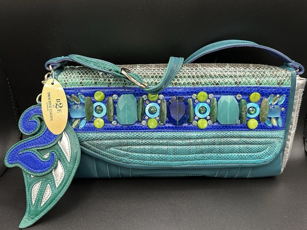 Bracher Emden B2E Jeweled Leather Clutch Shoulder Bag Teal Blue Green NWT Rare